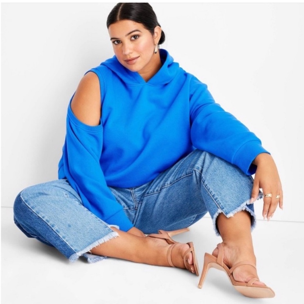 Blue Peek-A-Boo Shoulder Athleisure Hoodie